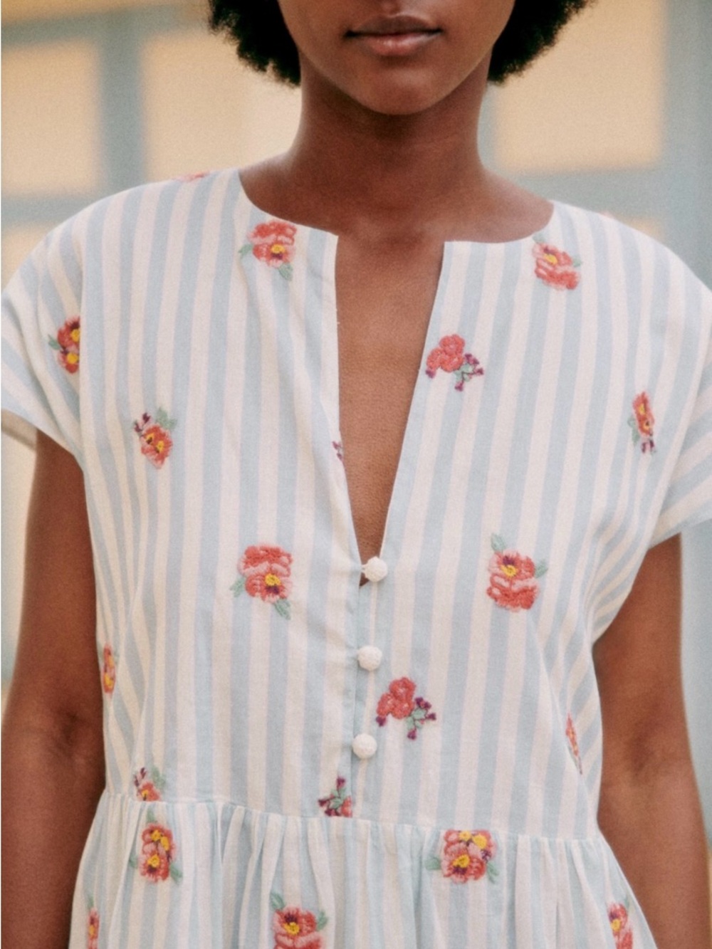 Sezane Blue & White Striped Floral Tiered Casual Dress - Picture 5 of 8